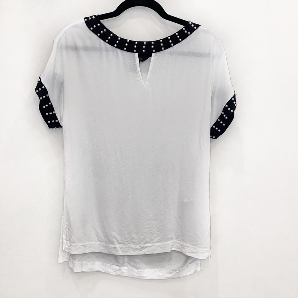WHBM pearl embellished black trim white keyhole blouse Size XS